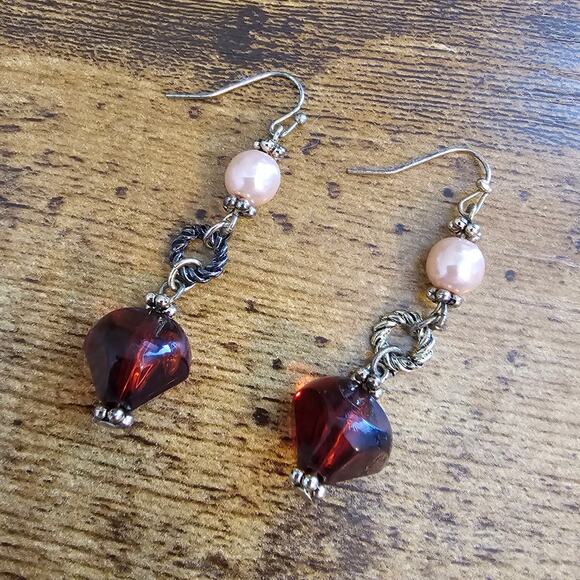 Vintage Y2K French Hook Dangle Earrings Burgundy Red Pink Beads Boho - Picture 1 of 3